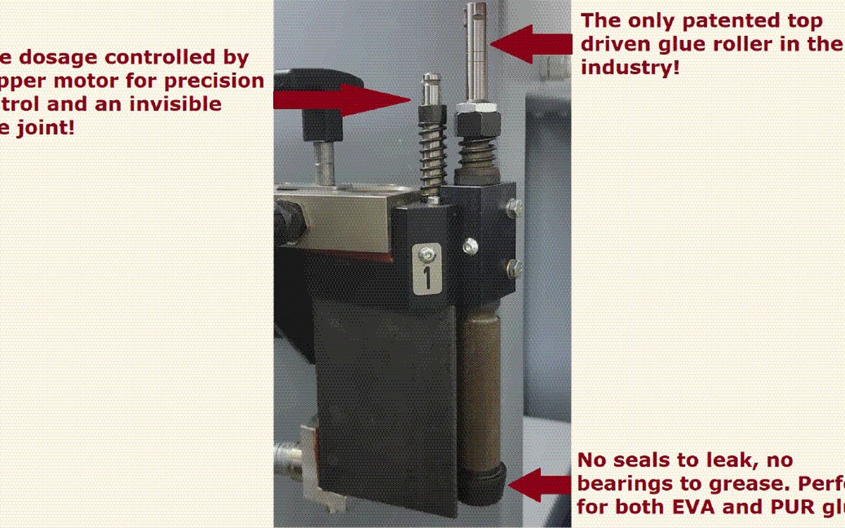 Ott patented top-driven glue head detail showing stepper motor controlled dosage and no seals or bearings