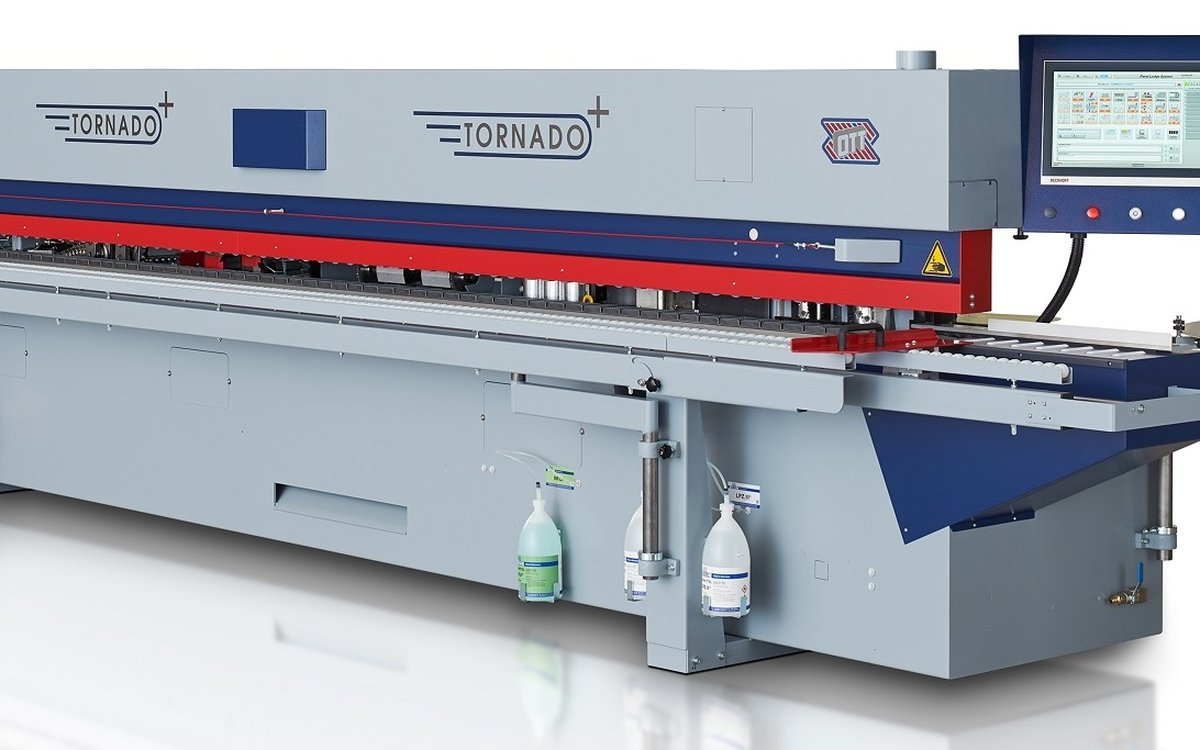 Ott Tornado Plus edgebander — 6.3-meter frame with buffing, spray mist, and nesting capability as standard